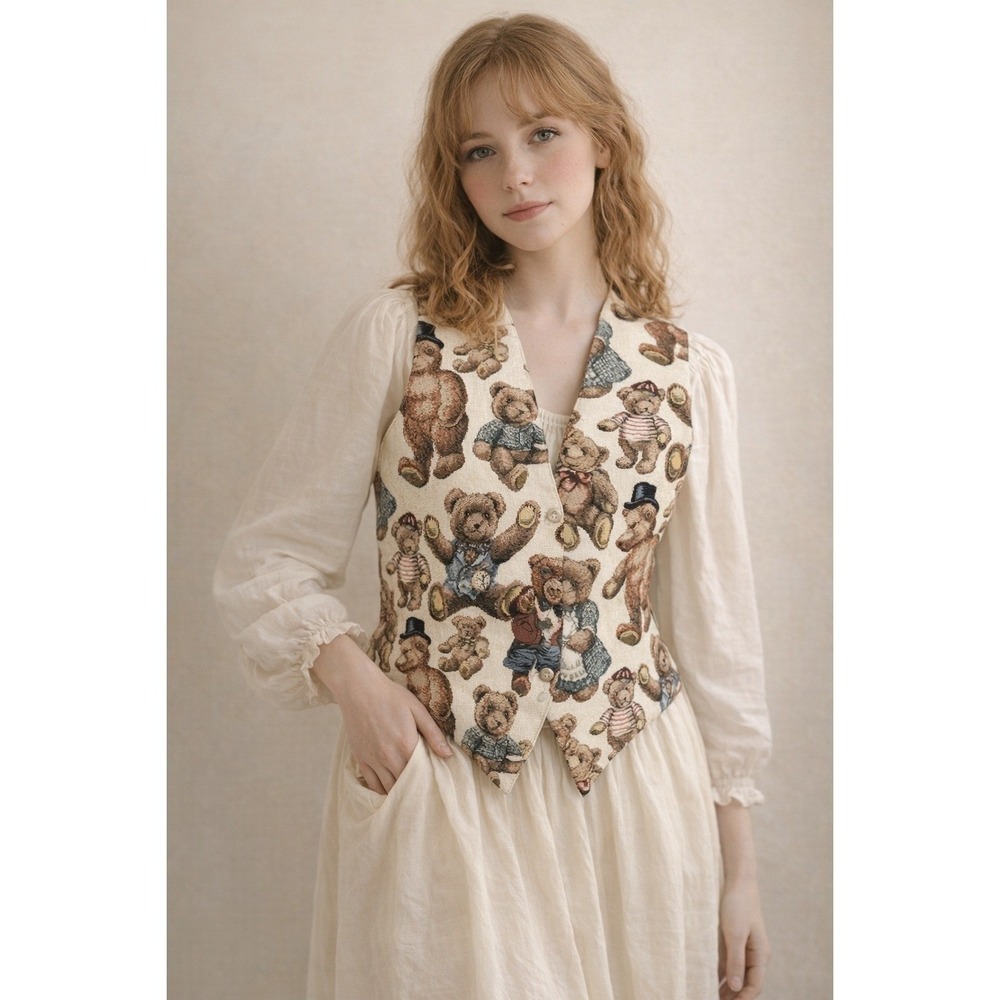 Vintage Women's Vest Tapestry Woven Waistcoat Bears Teddy Bear Teacher Whimsical